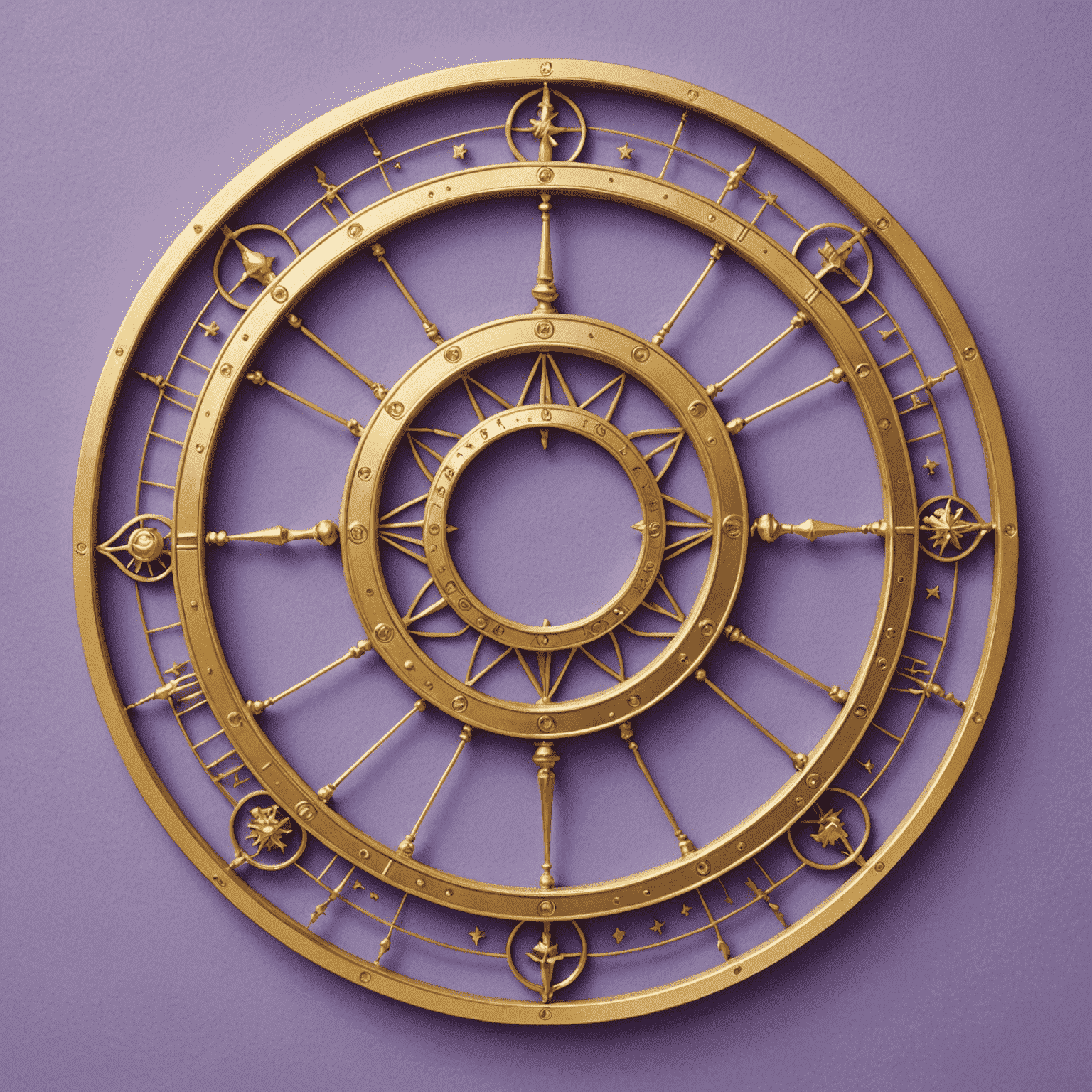 Ilustrácia dvoch prekrývajúcich sa astrologických kolies, ktoré predstavujú dvoch ľudí vo vzťahu. Kolesá sú nakreslené tenkými zlatými čiarami na levanduľovom pozadí.